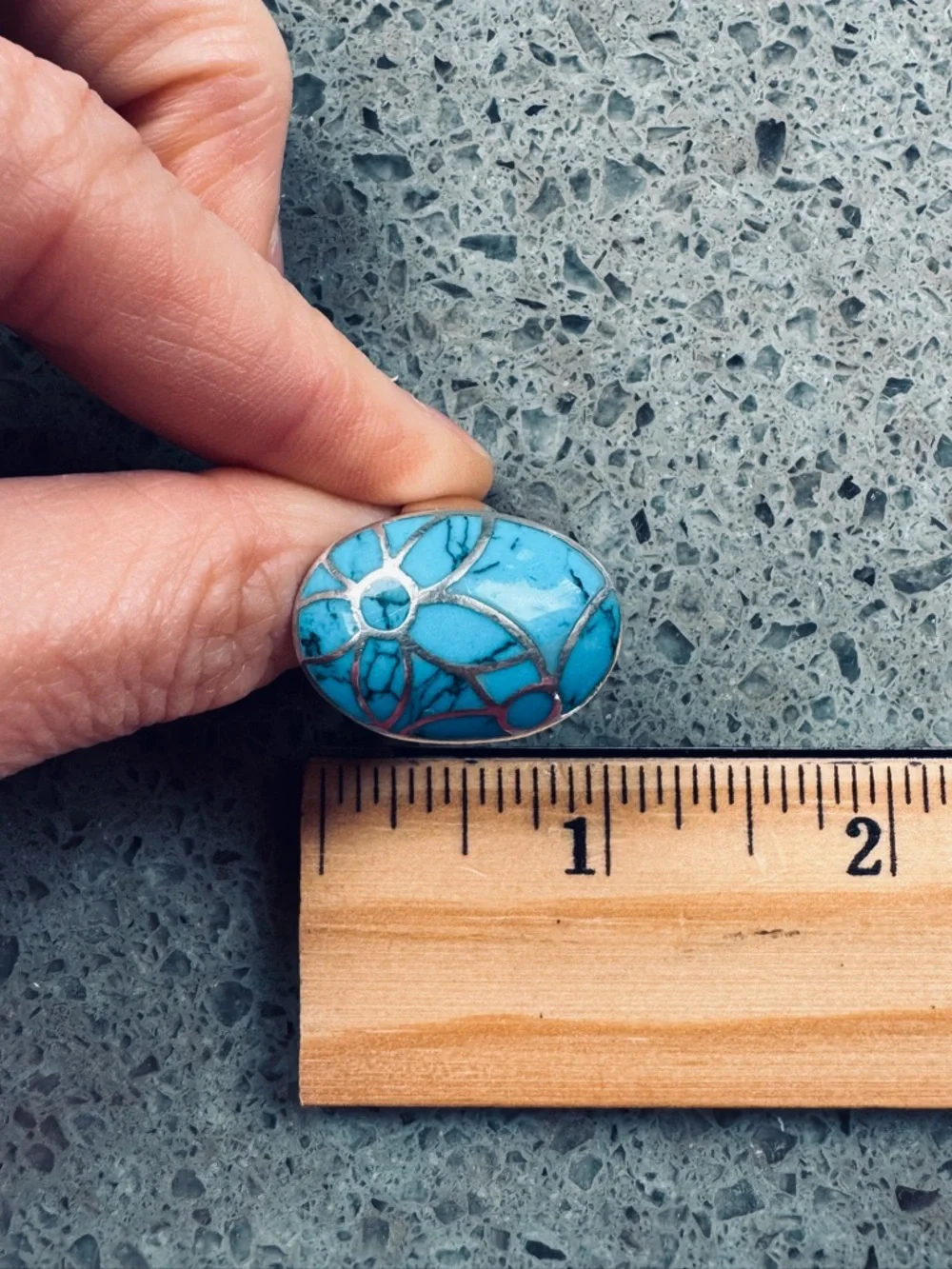 Sterling Silver Statement Turquoise 1” Oval Ring with Flower motif Size 7.75